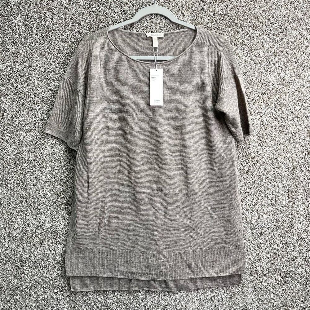 Eileen Fisher Top Women’s Small Lightweight 100% Linen Mélange Links Bateau Neck